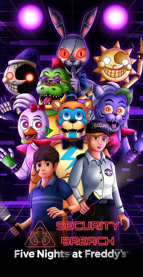 Изображение от видеоиграта "Five Nights at Freddy's: Security Breach", показващо герои и аниматроници, включително Чика, Фредди и Ванни, заобиколени от младежи с фенерчета.