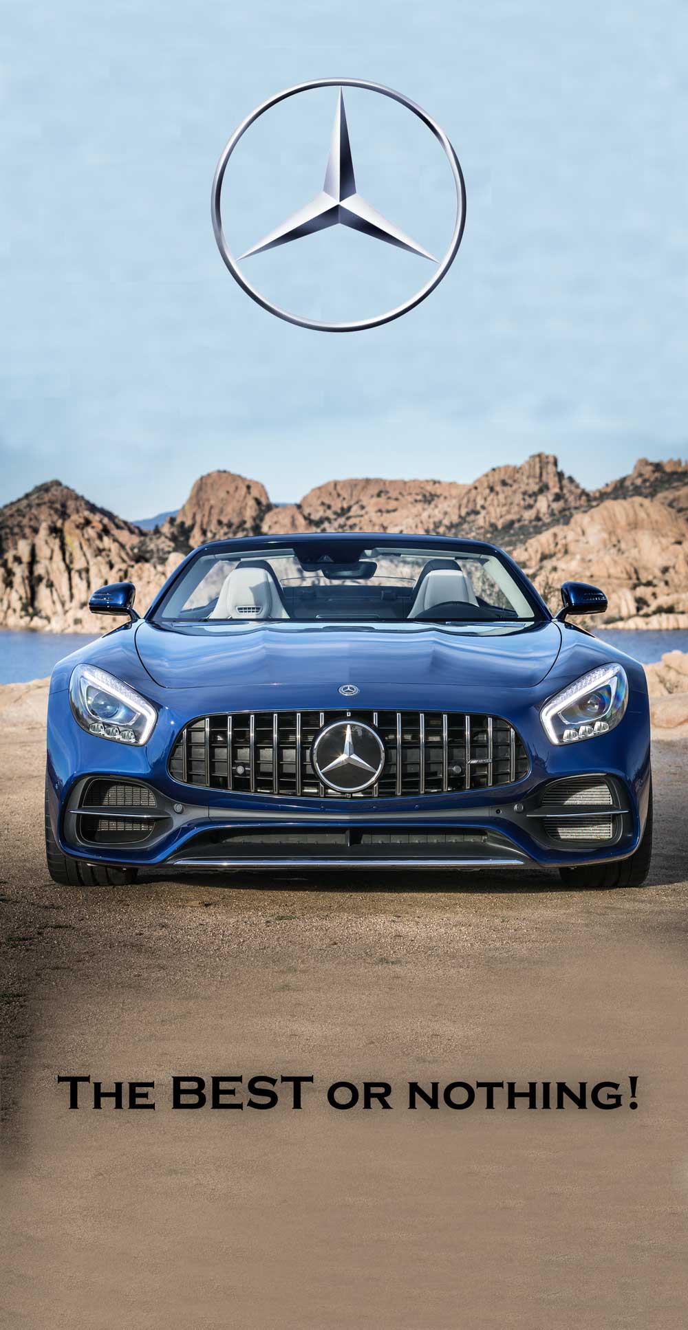 Синя кола Mercedes-Benz GT, разположена на фона на скалиста местност и море, с логото на марката в горната част.