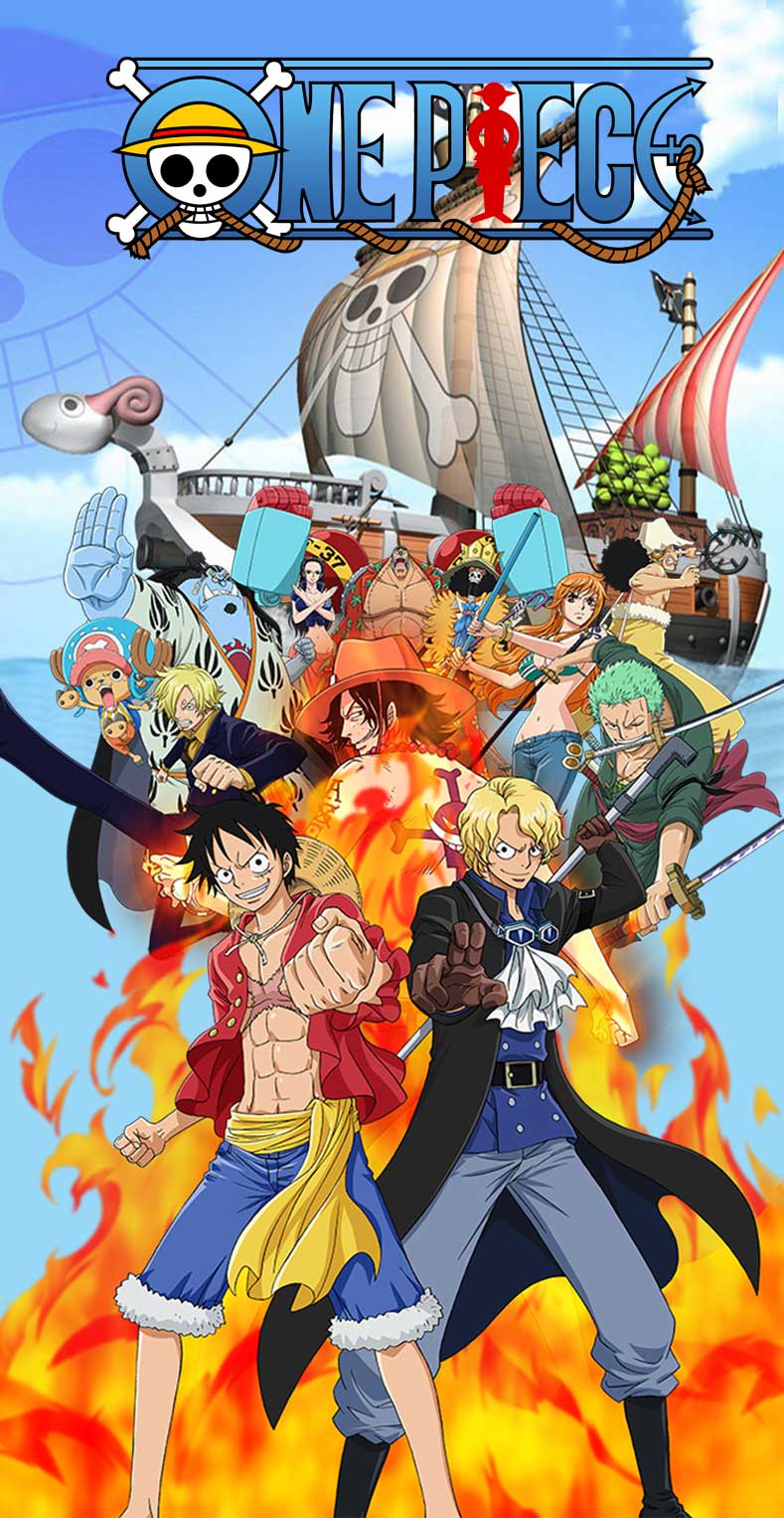 Анимационно изображение на героите от "One Piece", включващо Лuffy и Sanji, на фона на техния кораб. Сцена с огън и динамично действие, демонстрираща приключенския дух на поредицата.