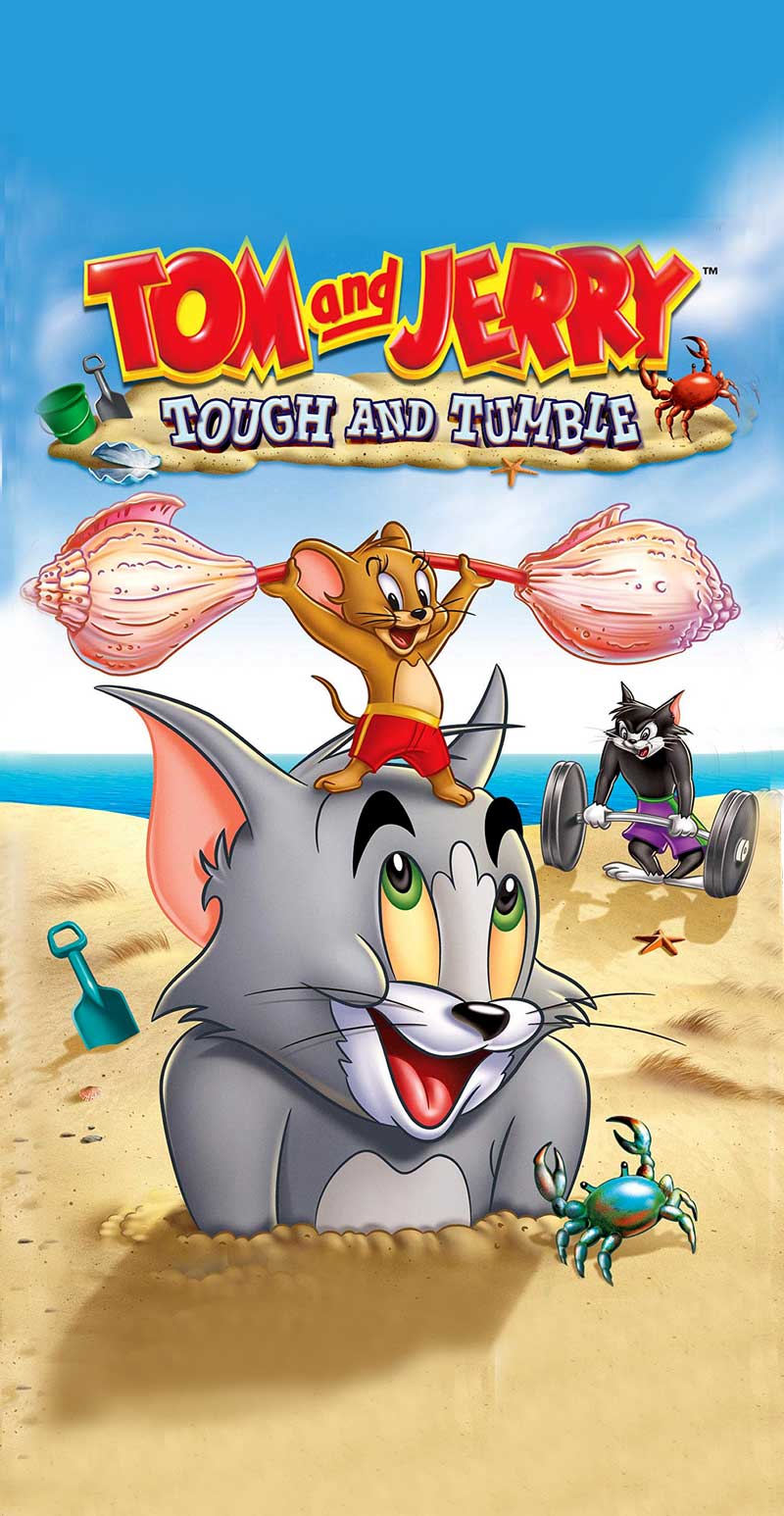 Том и Джери играят на плажа в анимационния филм "Том и Джери: Tough and Tumble". Джери е на върха на главата на Том, държейки черупка, а Том тренира с тежести. На фона се виждат морски елементи и краб.