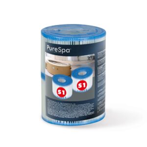 Картонена опаковка с два филтъра S1 за хидромасажни вани PureSpa, показваща информация за продукта и инструкции за употреба.