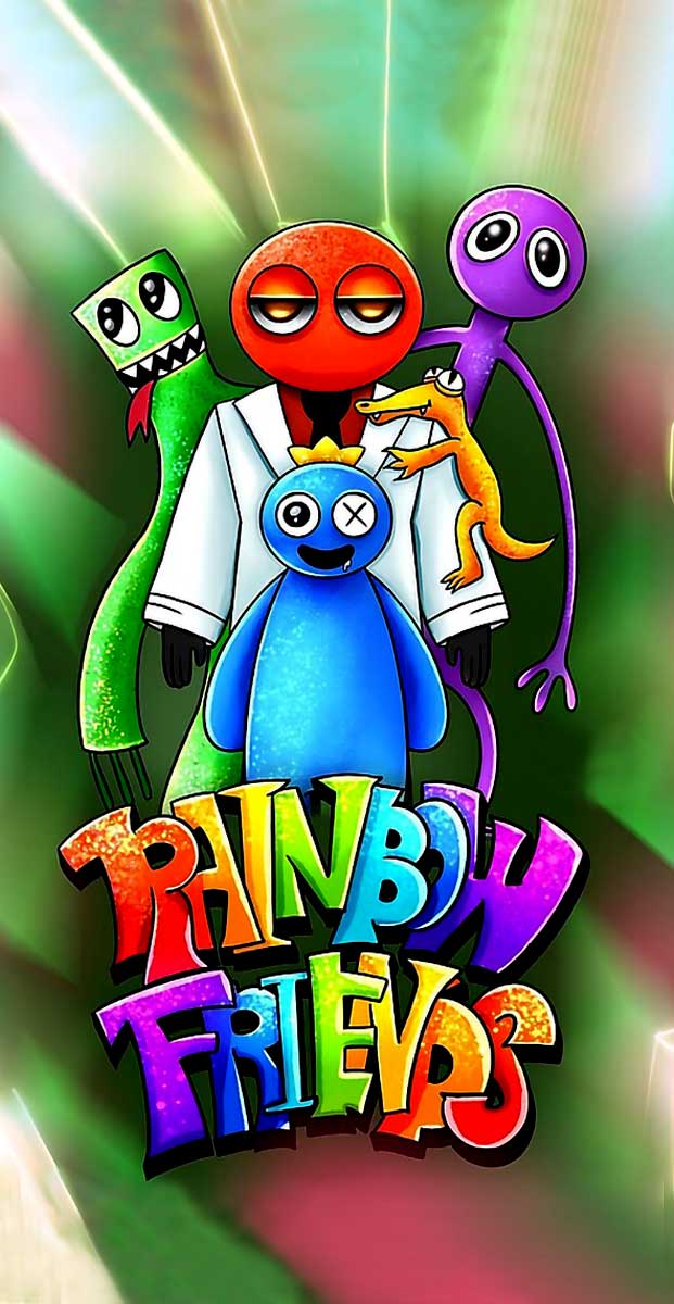Анимационни герои от играта "Rainbow Friends", включващи червен, зелен, син и лилав персонаж, с ярки цветове и забавен дизайн, с надпис "Rainbow Friends".
