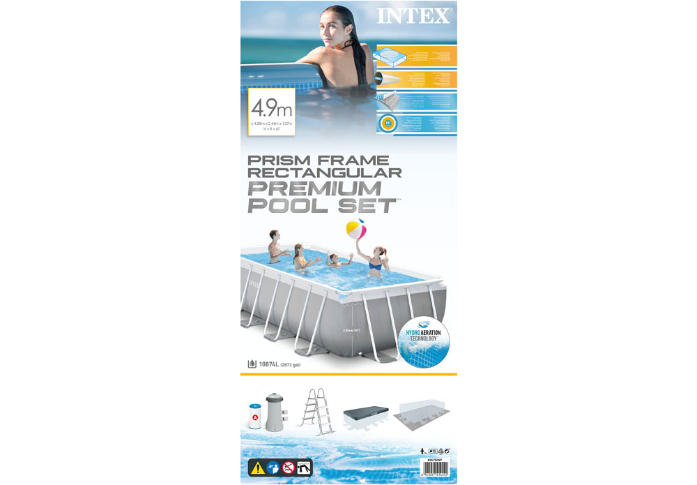 Комплект за басейн Intex Prism Frame Rectangular с размери 4.9 м, подходящ за семейно забавление. Включва стълба, филтърна помпа и покривало. Идеален за летни дни и отдих на открито.