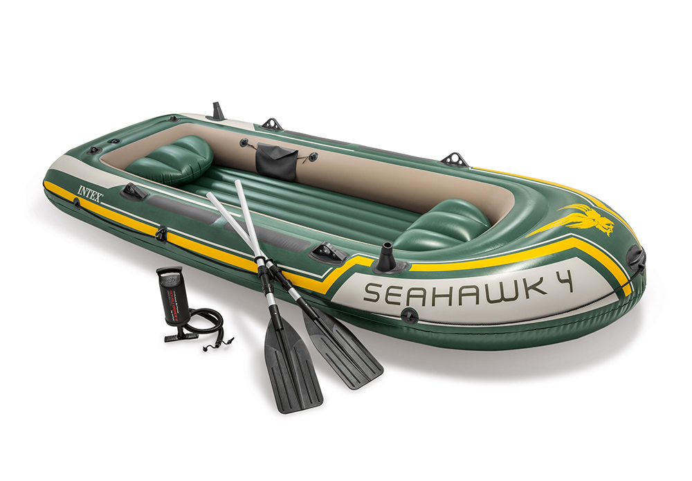 Инфлатабилен каяк Intex Seahawk 4 с две весла и помпа, подходящ за до четирима души, идеален за приключения на вода и риболов.