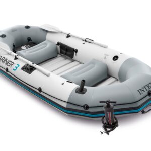 Надуваемата лодка Intex Mariner 3 с удобни седалки и помпа, идеална за водни приключения и риболов.