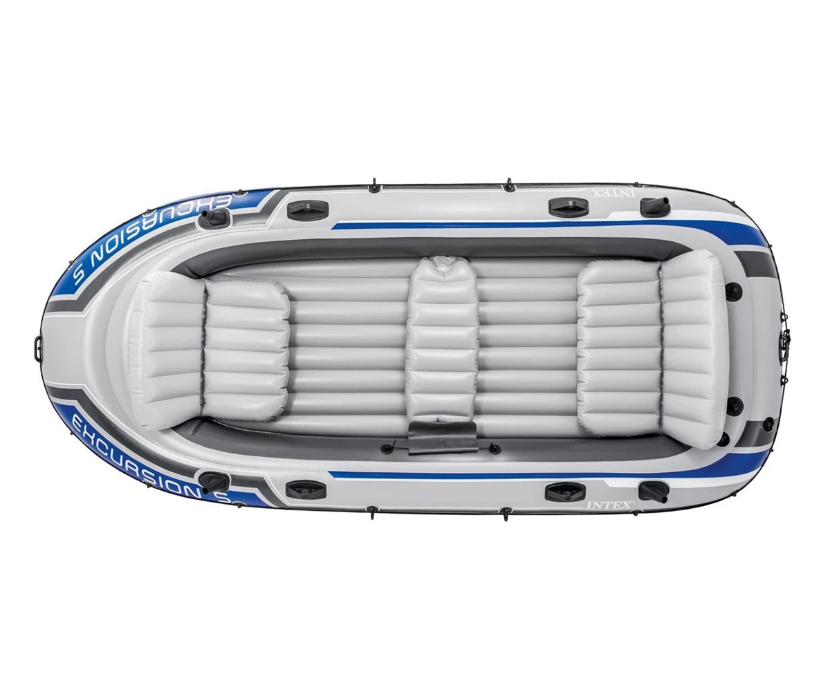 Надуваема лодка Intex Excursion 5 с комфортно разположение на седалките и стабилен дизайн, идеална за семейни излети на вода.