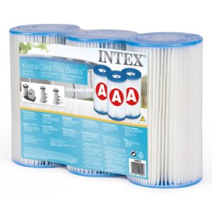 Картон с филтри за басейн Intex Krystal Clear Pool Basics, включващ три резервни филтърни касети с инструкции и информация за употреба.