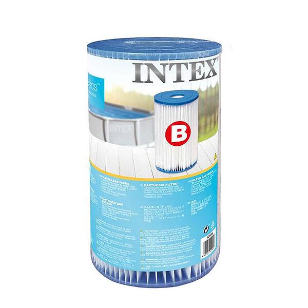 Филтърна картриджна система Intex, модел B, предназначена за почистване на басейни, с инструкции и информация за употреба на опаковката.