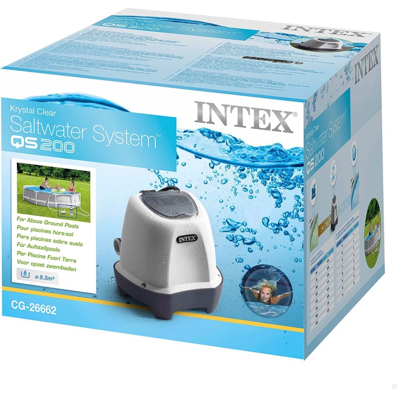 Система за солена вода Intex QS200, подходяща за надземни басейни, предлага ефективно решение за поддържане на чистота и свежест на водата. Опаковката включва информация за инсталация и характеристики на продукта.