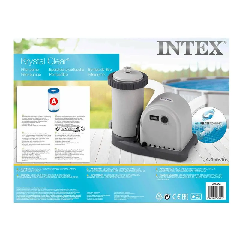 Помпа за филтрация Intex Krystal Clear с капацитет 4.4 м³/ч, предназначена за почистване на басейни, с включен картушен филтър и хидроаерационна технология.