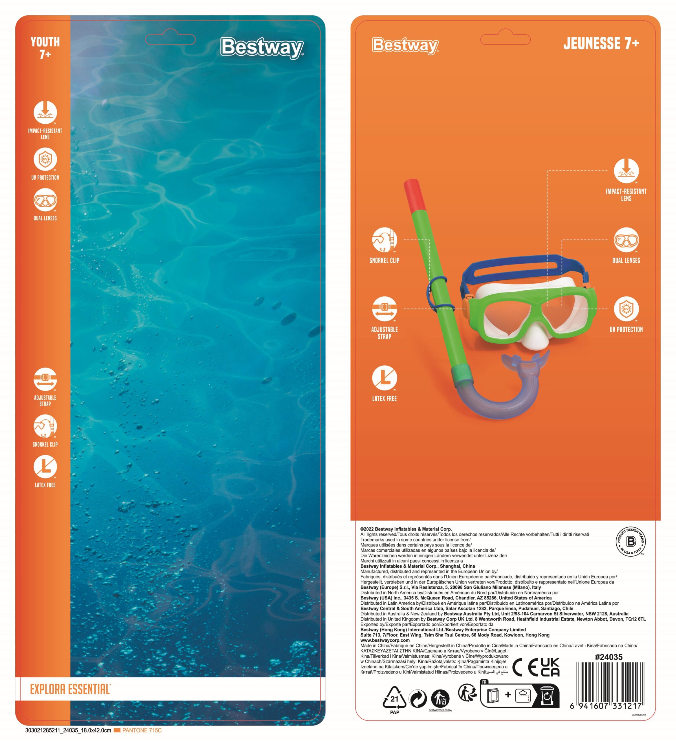 Опаковка на детски шнорхел и маска Bestway с UV защита, регулируем колан и клип за шнорхел. Подходяща за деца над 7 години. Дизайн с удароустойчиви лещи и без латекс.