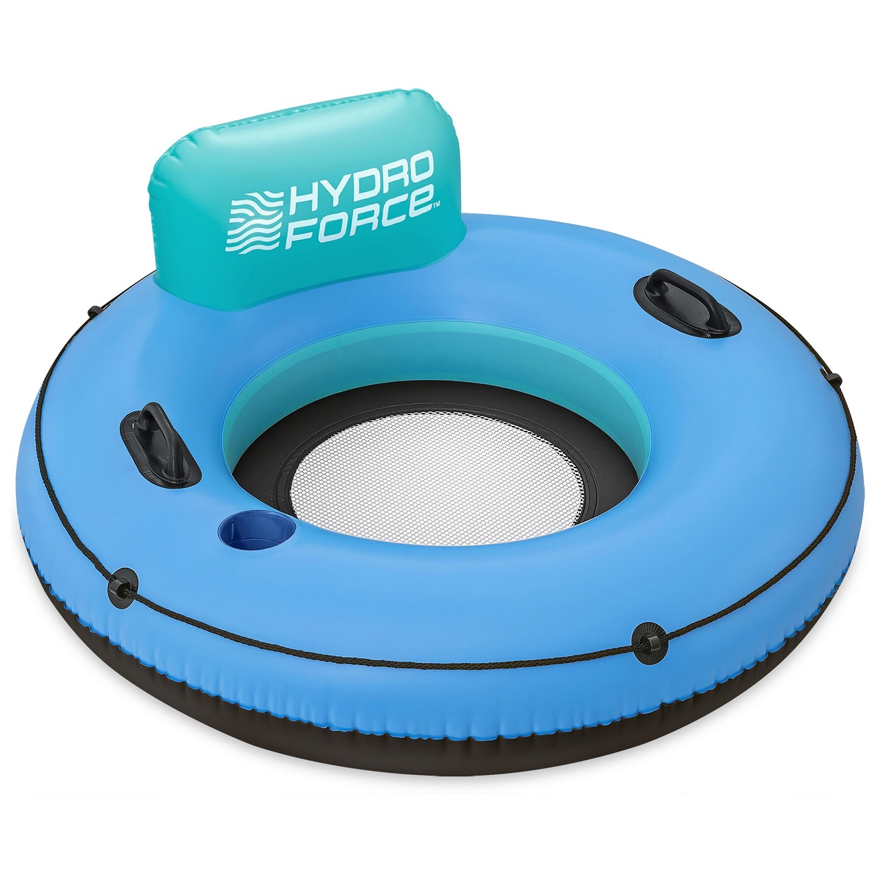 Надуваема лодка Hydro Force в син цвят с мрежеста централна част и облегалка, идеална за забавления на водата.