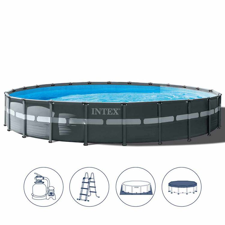 Басейн Intex с кръгла форма и стоманена рамка, идеален за лятна почивка.