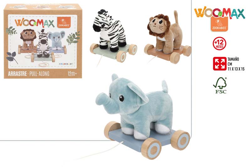 Дървена количка с лепки и плюшена играчка +12M, Woomax