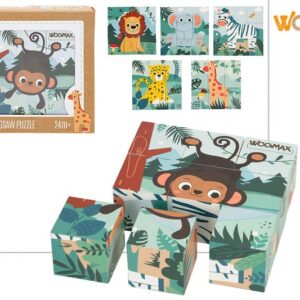 Дървен пъзел с животни, 10.5 х 10.5см 1+год Woomax, жиравче, слонче
