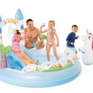 Детски надуваем воден център INTEX UNICORN CASTLE PLAY CENTER, 196 х 178 х 127 см, пързалка и водни пръскалки