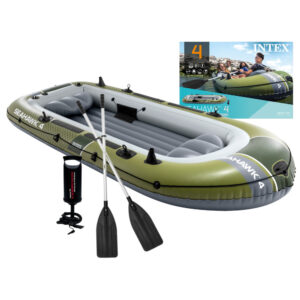 Надуваема лодка Seahawk 4 Intex, за 4 души, PVC, 351 х 145 см, надуваемо дъно, стойки за въдици зелена/сива
