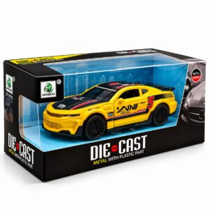 Метална спортна кола Die-Cast Racing №5 с отварящи се врати, спортен спойлер и състезателен дизайн, звук и светлина, жълт