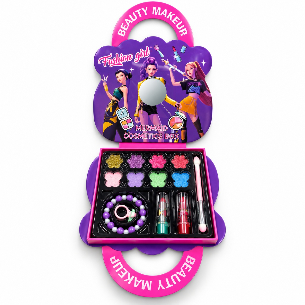 Детски комплект за грим Fashion Girl Beauty Makeup, палитра със сенки, червила, огледало и аксесоари - Image 2