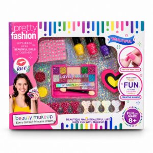 Детски комплект за грим Pretty Fashion, 12+2 цвята сенки, лакове, брокат и аксесоари, 8+ години