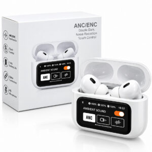 Безжични Bluetooth слушалки с ANC/ENC шумопотискане, сензорно управление, дисплей и вграден микрофон – бели