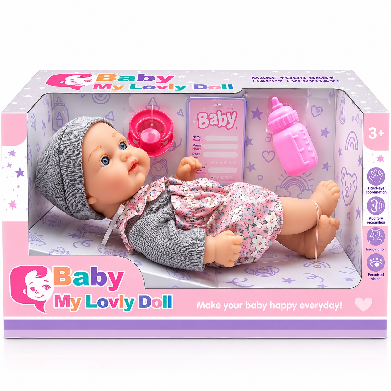 Кукла бебе Baby My Lovely Doll с биберон, шише и карта за бебето, 28см