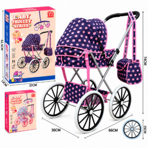 Детска количка за кукли Baby Trolley с големи колела, сгъваем сенник, метална конструкция и чанта