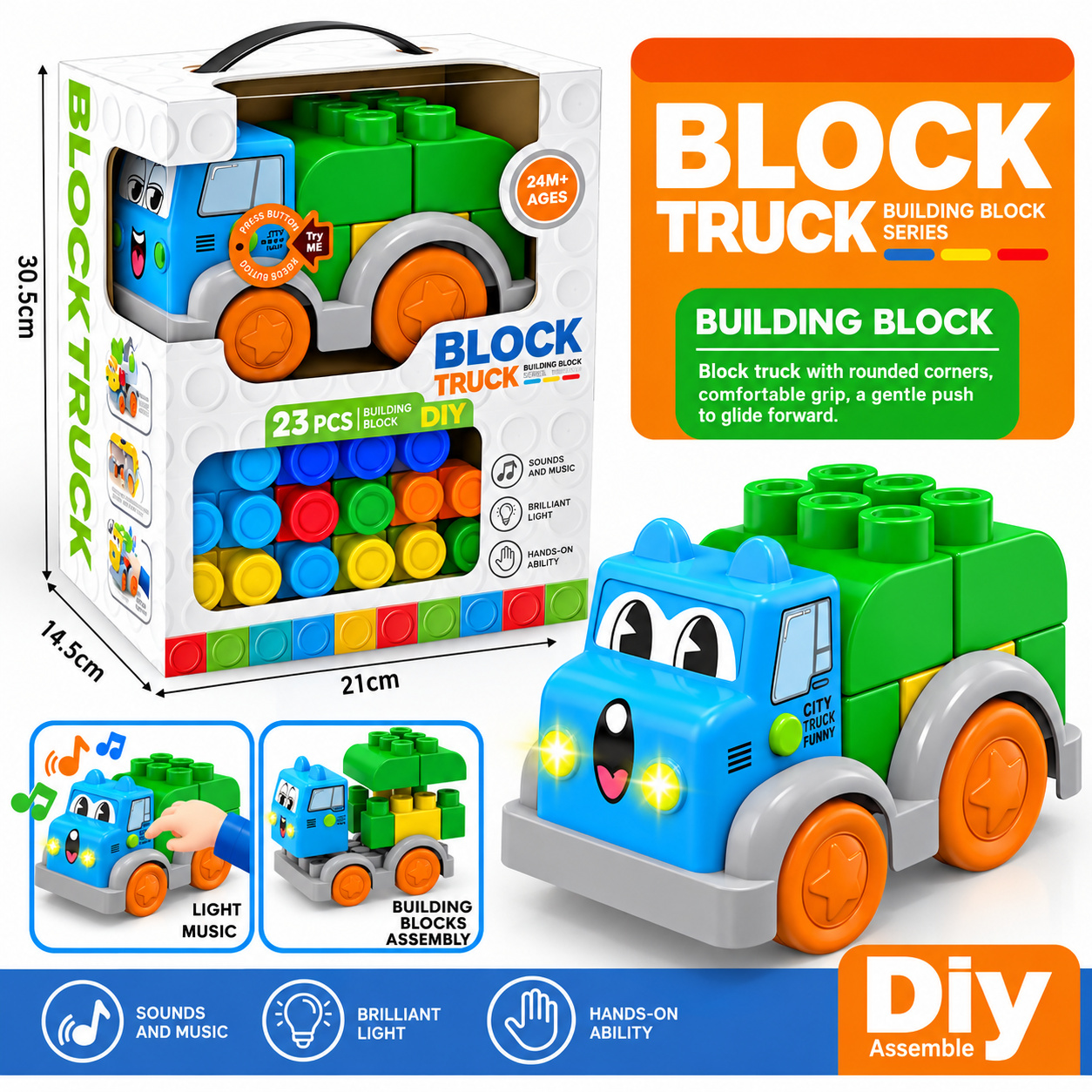 Детски конструктор Block Truck с камион, 23 части, музика, звукови и светлинни ефекти