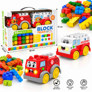 Детски конструктор Block Truck с пожарна, линейка, 50 части, музика и светлинни ефекти