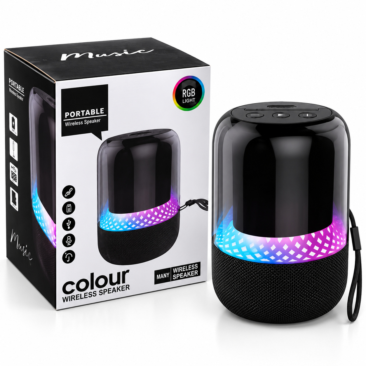 Преносима Bluetooth тонколона с RGB LED светлини, безжична връзка, USB, карта памет и вграден микрофон