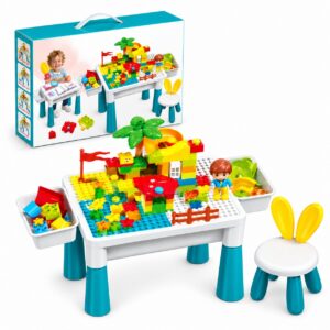 Детска масичка Dreamy Garden с конструктор, столче, цветни блокчета, фигурки и аксесоари за игра
