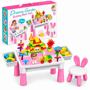 Детска масичка Dreamy Garden 6 в 1 с конструктор, столче, градина с цветя и аксесоари за игра