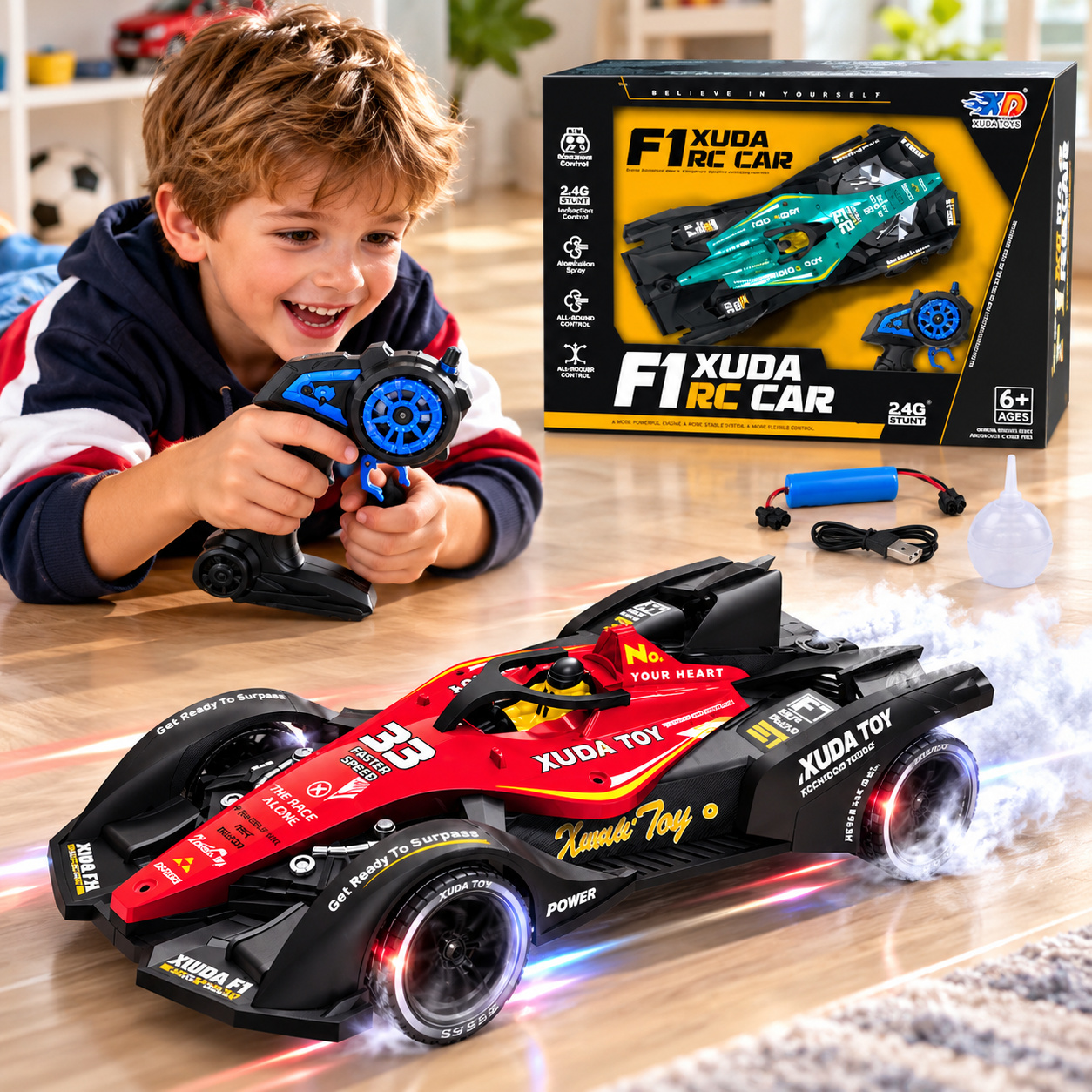 Състезателна кола Formula 1 XUDA RC Car с дистанционно управление, светлинни ефекти, водна пара и всепосочно управление - Image 2