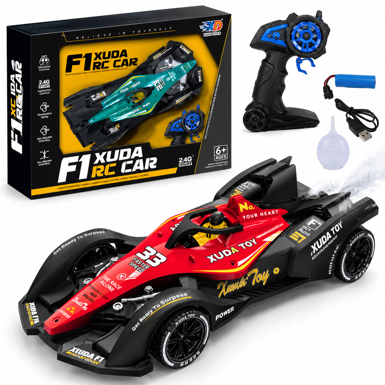 Състезателна кола Formula 1 XUDA RC Car с дистанционно управление, светлинни ефекти, водна пара и всепосочно управление