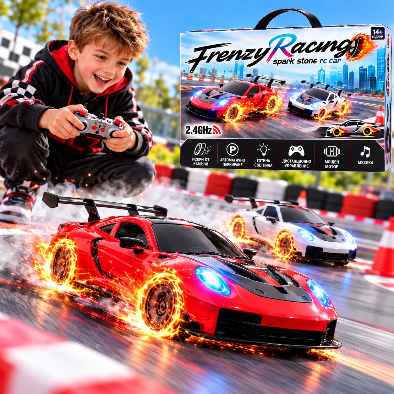 Състезателна кола Frenzy Racing с дистанционно управление 2.4GHz, искрящи ефекти, светлини, музика и две скорости - Image 2