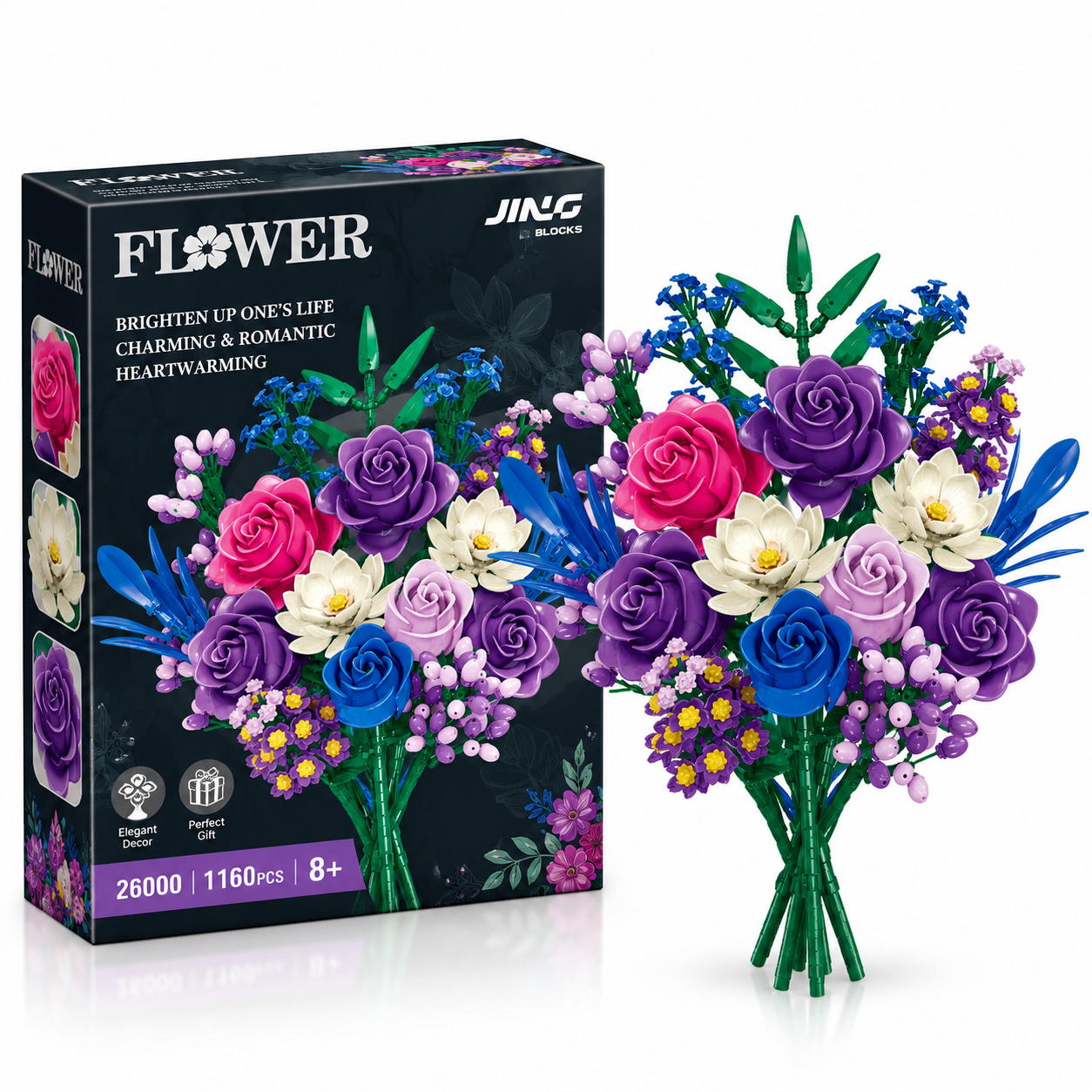 Декоративен конструктор JING BLOCKS Bouquet of Roses с разноцветни рози, декоративен букет и цветни аксесоари, 1160 части