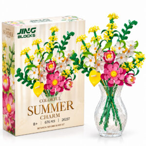 Декоративен конструктор JING BLOCKS Summer Charm с цветен букет, розови и бели цветя, жълти цветчета и прозрачна ваза, 676 части