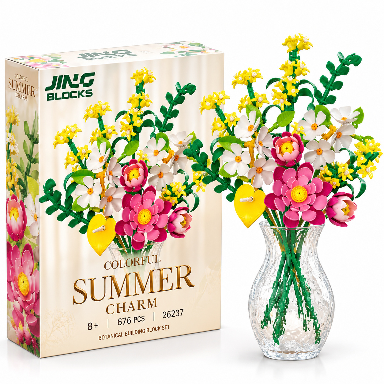 Декоративен конструктор JING BLOCKS Summer Charm с цветен букет, розови и бели цветя, жълти цветчета и прозрачна ваза, 676 части