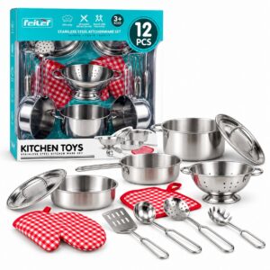 Детски кухненски комплект Kitchen Toys от неръждаема стомана, 12 части, тенджери, тигани и кухненски прибори