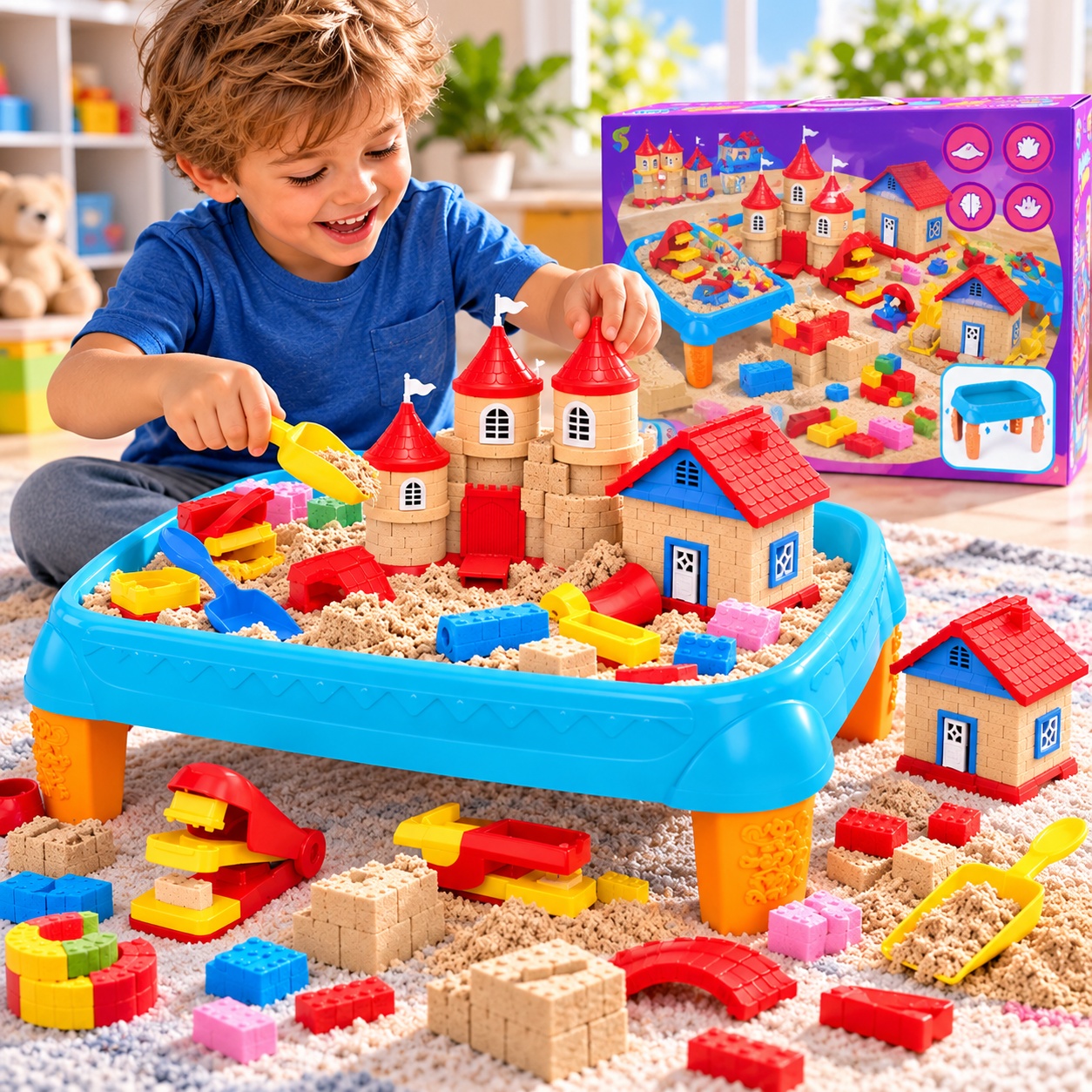 Детски комплект Magic Sand DIY с кинетичен пясък, масичка 2 в 1, форми за замък, къща и инструменти за моделиране - Image 2
