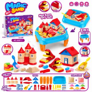 Детски комплект Magic Sand DIY с кинетичен пясък, масичка 2 в 1, форми за замък, къща и инструменти за моделиране