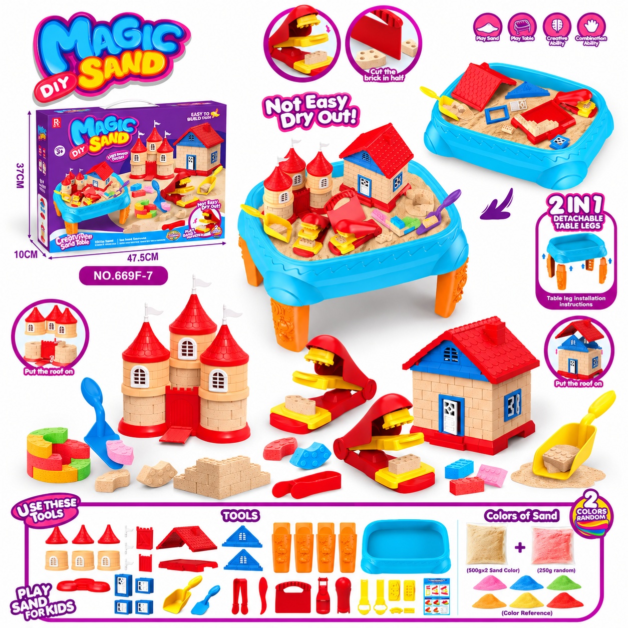Детски комплект Magic Sand DIY с кинетичен пясък, масичка 2 в 1, форми за замък, къща и инструменти за моделиране