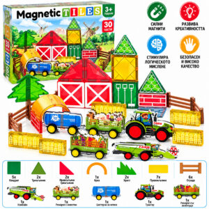 Магнитен конструктор Magnetic Tiles – Ферма с трактор, комбайн, ремаркета и животни, 30 части, SQ66001-16
