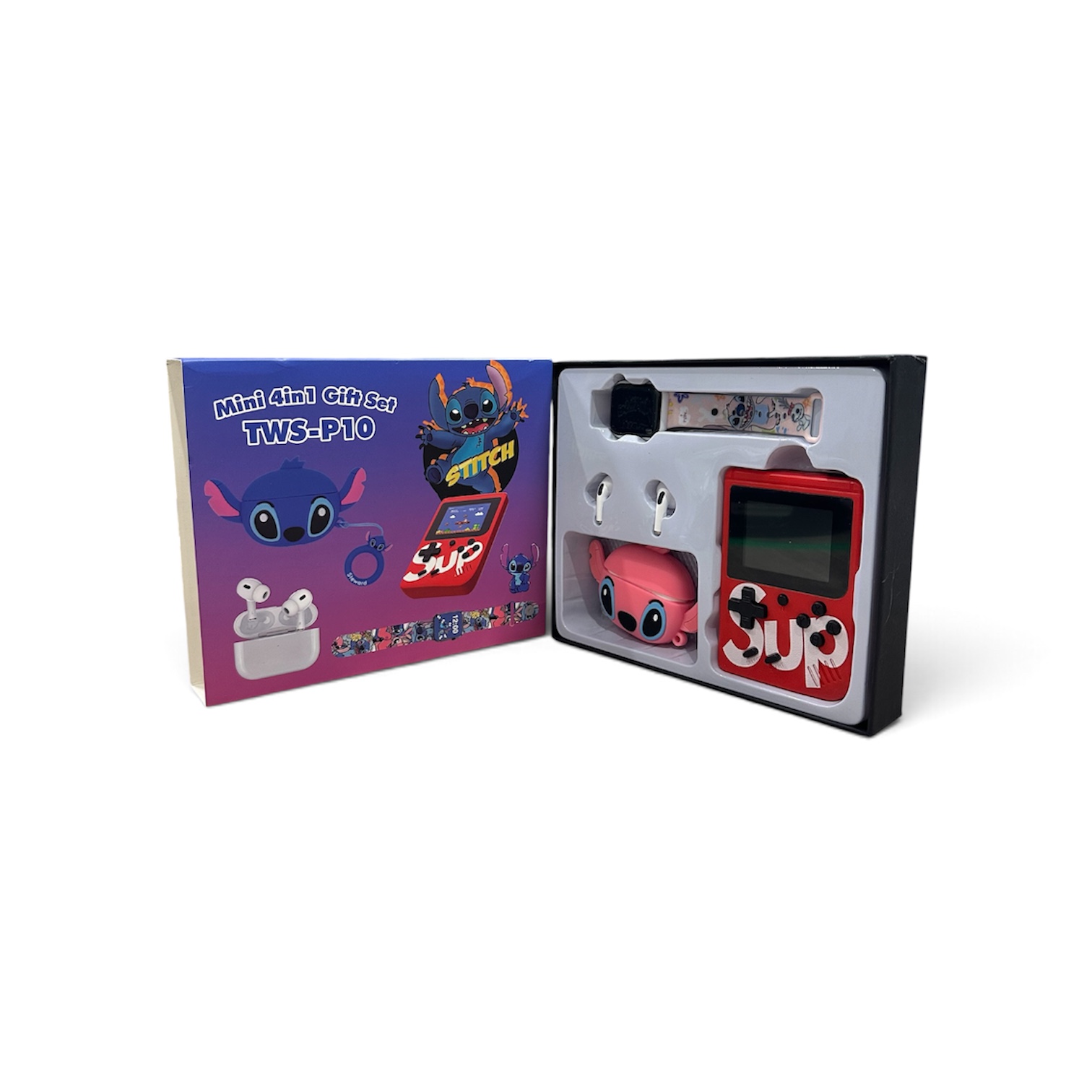 Подаръчен комплект 4 в 1 TWS-P10 Mini Gift Set с безжични слушалки, смарт часовник, мини игрова конзола и аксесоар