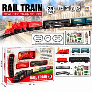 Детски влак с релси Rail Train, 28 части, реалистични звукови ефекти, локомотив, вагони и аксесоари