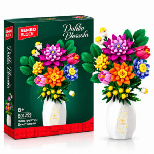 Декоративен конструктор SEMBO BLOCK Dahlia Blossom с цветен букет, далии, лалета, декоративни цветя и бяла ваза, 409 части