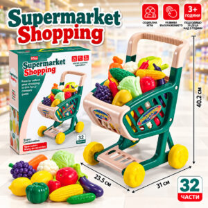 Детска количка за пазаруване Supermarket Shopping с плодове, зеленчуци и аксесоари, 32 части