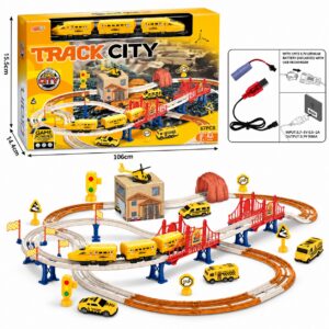 Детски влак Track City с релси, мостове, тунел и аксесоари – 67 части, презареждаема батерия