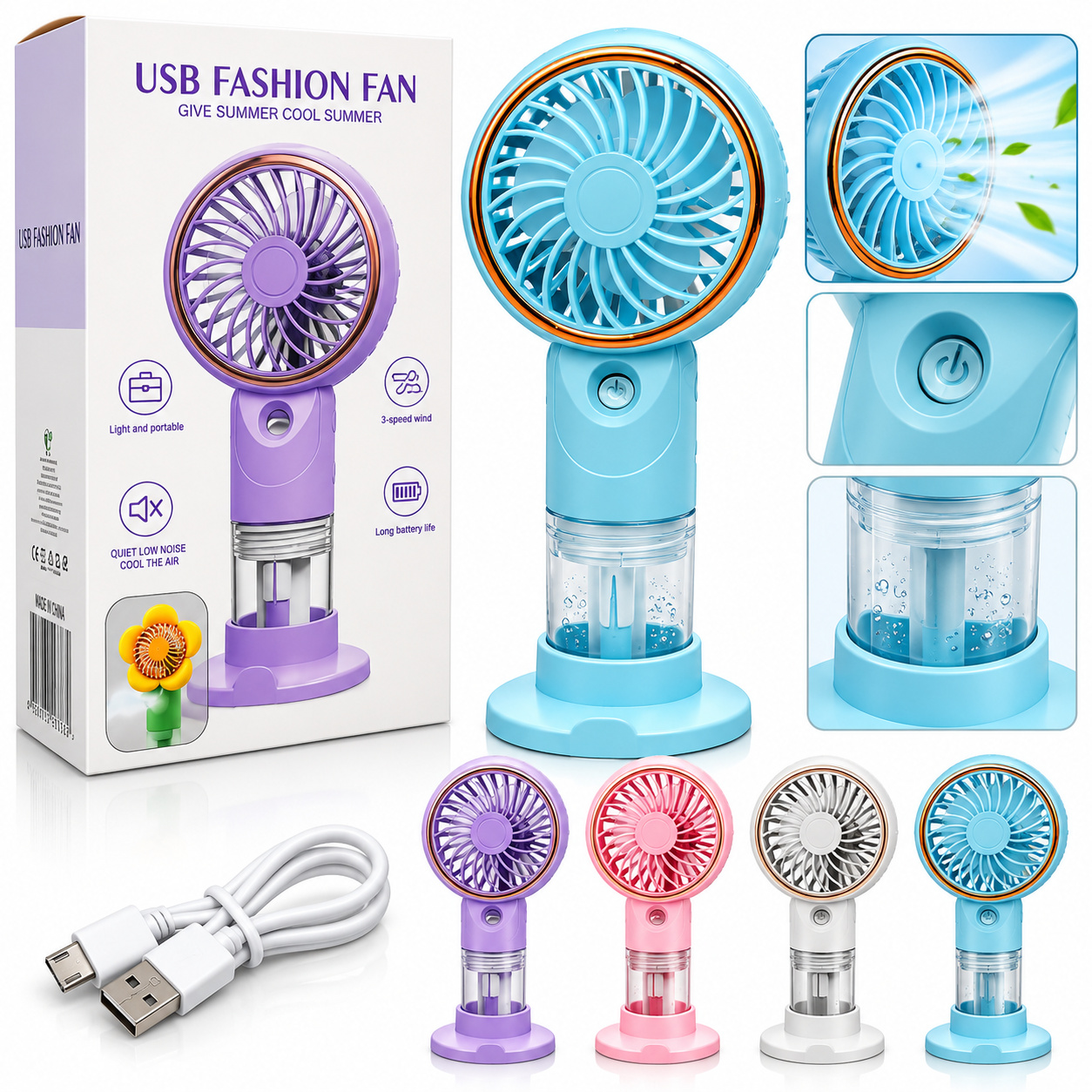 Преносим мини вентилатор USB Fashion Fan с воден резервоар, 3 скорости, USB зареждане, 4 цвята